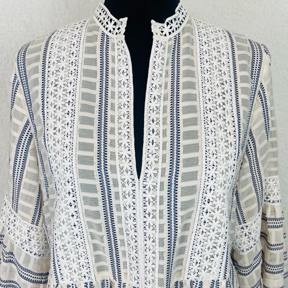 SANDRO • Ecru/White/Navy Stephanie Stripe Boho Lace-Trim Tiered Mini Dress, S - Picture 10 of 16